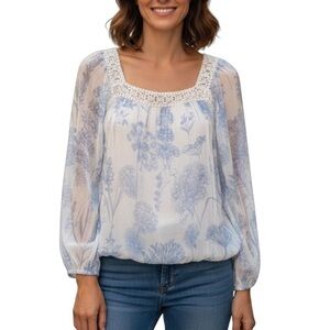 Elena Baldi Silk Floral Long Sleeve Whimsical Ethereal Blouse Medium White Blue